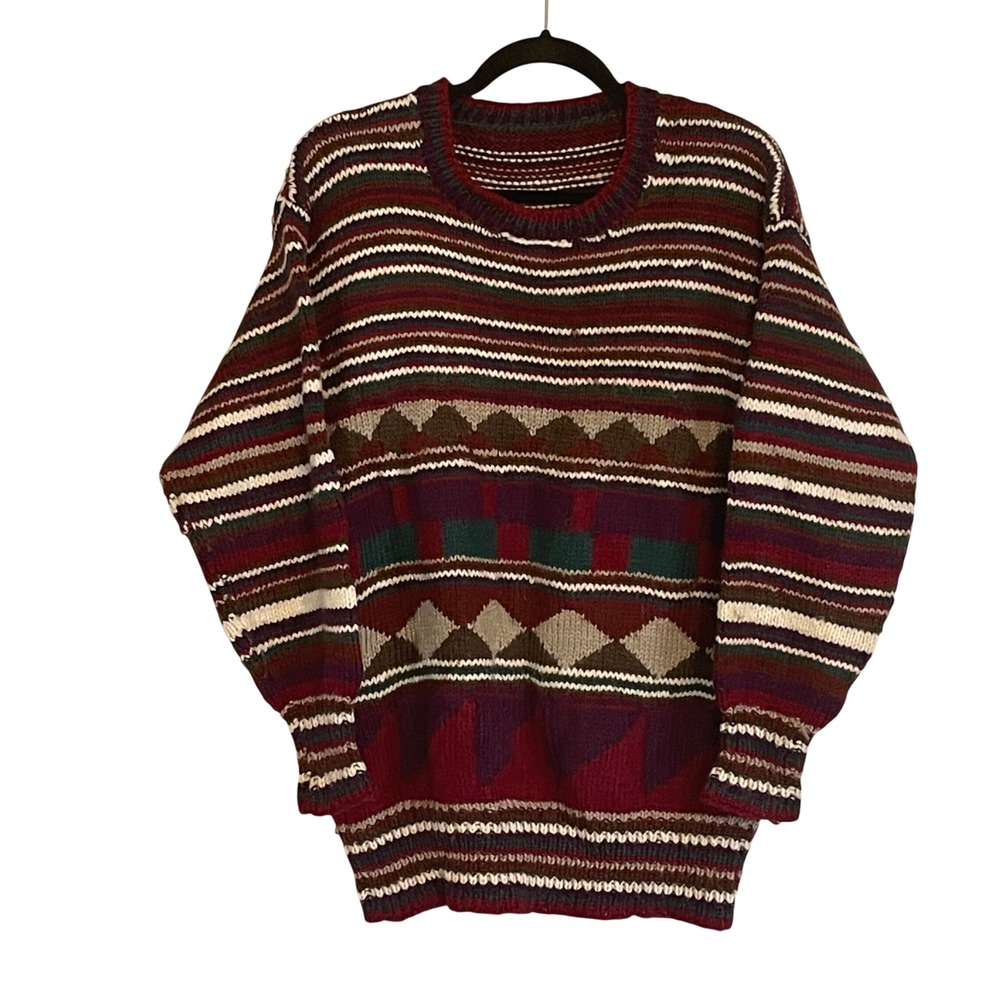 Vintage‎ Chunky Knit Geometric Striped Sweater Multi-Color Crewneck Pullover